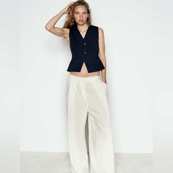 NAVY KNIT VEST TOP WITH GOLD BUTTON - Picture 3 of 11